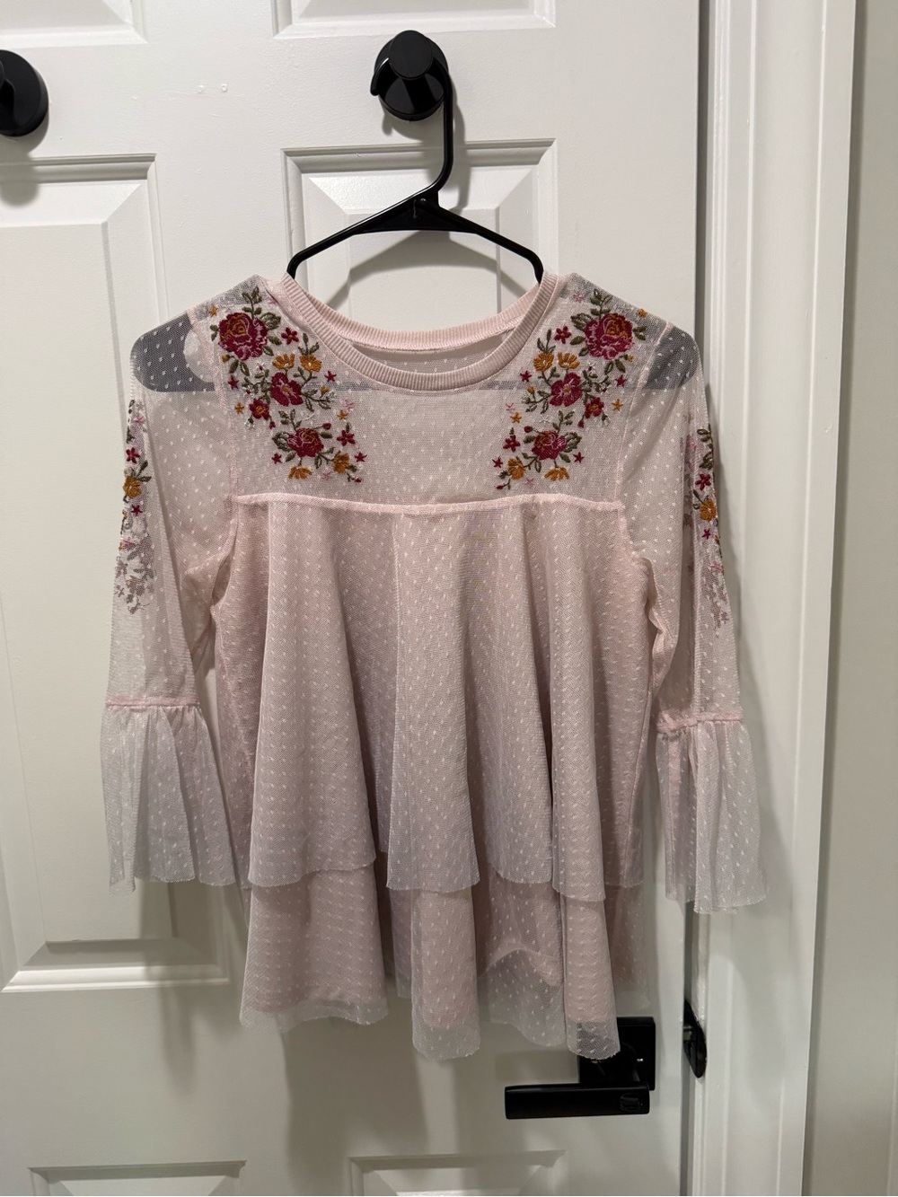 Francesca's Collections Light Pink Floral Embroidered Mesh Tiered Tunic
